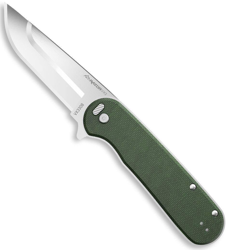Outdoor Edge VX330B Razor VX3 3" Folding Pocket Knife Green Micarta Handle Satin Drop Point Blade