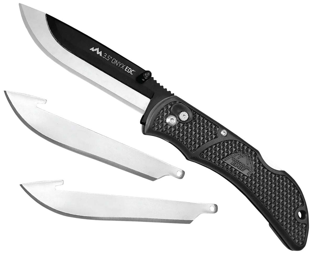 Outdoor Edge OX10C Onyx 3.50" Folding Drop Point 420J2 SS Replaceable Blade Knife Black Grivory Handle