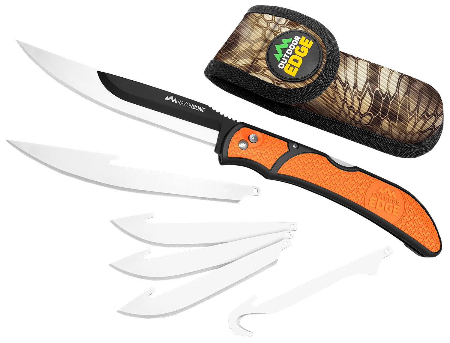 Outdoor Edge RBB20C RazorBone Multi-Blade Folding Knife Set, 420J2 SS Blades, Blaze Orange Textured Grivory w/TPR Inserts