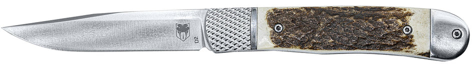 CobraTec CTTHRSTG Trapper 3.12" Flip Open Satin D2 Steel Drop Point Blade, Stag Handle with Steel Bolsters