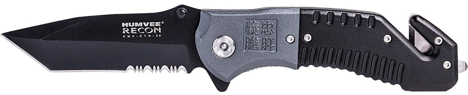 Humvee HMVKTR08 Recon Spring Assist Folding Knife Serrated Black Stainless Blade Black Gray Handle Pocket Clip