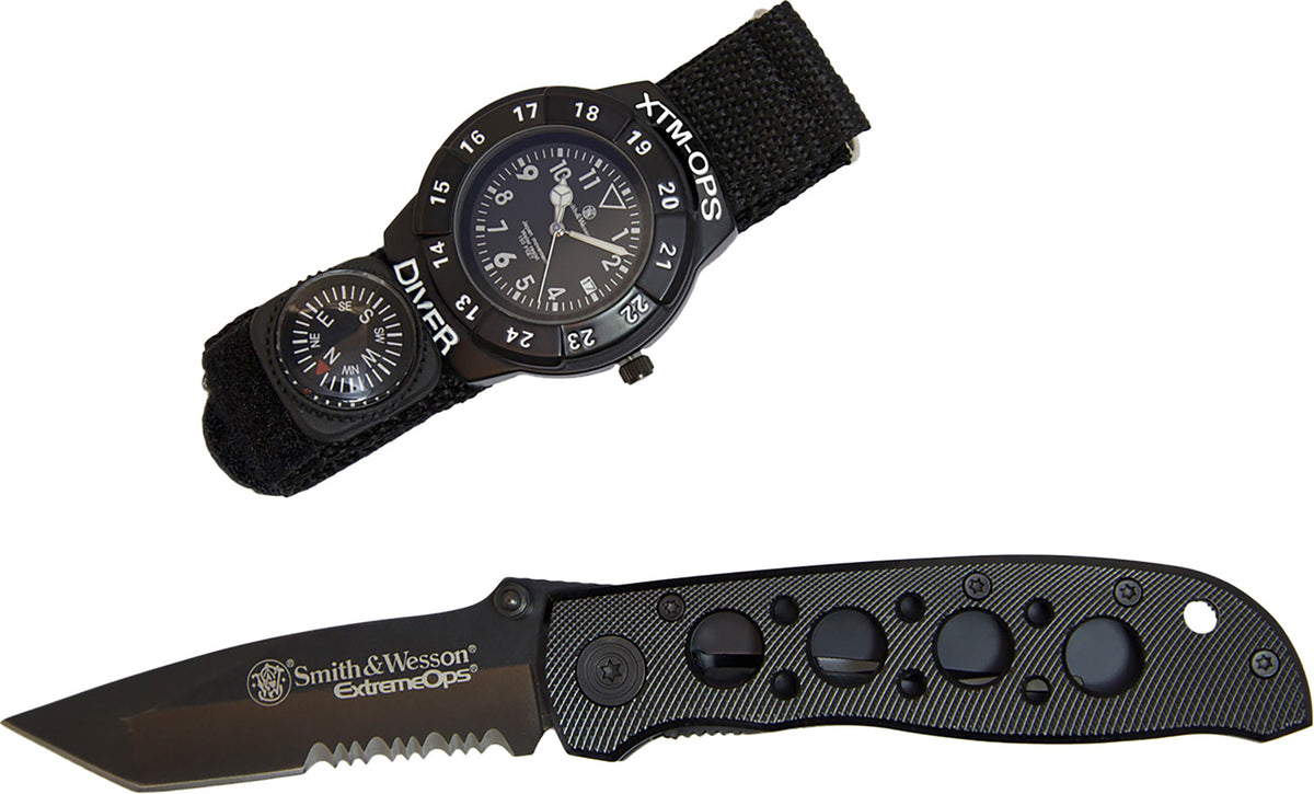 Smith & Wesson Extreme Ops SWXTMOPS2 Folding Knife & Compass Watch Combo Black Handle