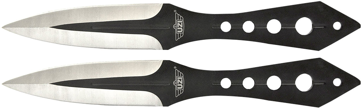 Uzi UZKTRWTZP Two Fixed Throwing Knives Black/Silver Balanced Stainless Steel Blades with Perforated Handle and Nylon Holster