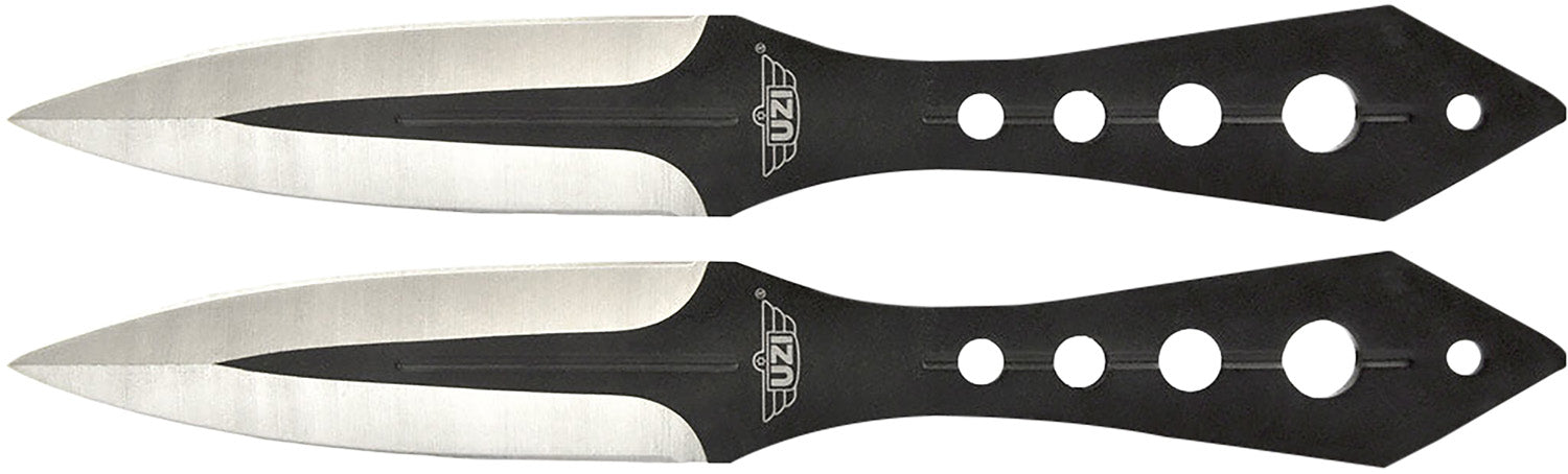 Uzi UZKTRWTZP Two Fixed Throwing Knives Black/Silver Balanced Stainless Steel Blades with Perforated Handle and Nylon Holster