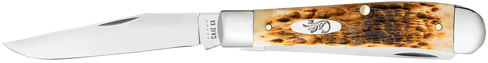 Case Medium Trapper Folding Knife 00164, Plain Mirror Polished Clip Point/Spey Blades, Peach Seed Amber Bone Handle