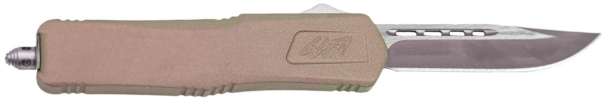 GLFA 3.50" OTF Plain Steel Blade Knife with Flat Dark Earth Cerakote Aluminum Handle and Glass Breaker