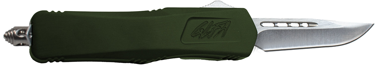 GLFA 3.50" OTF Plain Steel Blade Knife with OD Green Cerakote Aluminum Handle and Glass Breaker