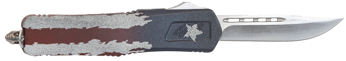 GLFA 3.50" OTF Plain Steel Blade Knife with American Flag Cerakote Aluminum Handle and Glass Breaker
