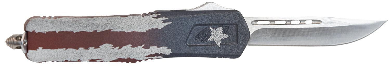 GLFA 3.50" OTF Plain Steel Blade Knife with American Flag Cerakote Aluminum Handle and Glass Breaker