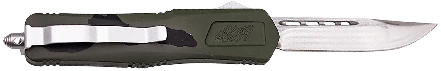 GLFA 3.50" OTF Plain Steel Blade Knife with Pursuit Green Camo Aluminum Handle and Glass Breaker