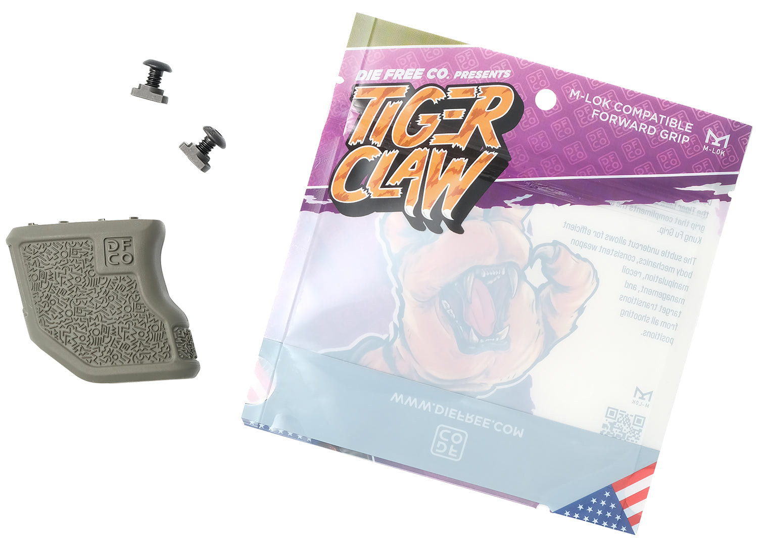 Die Free Co Tiger Claw M-Lok Angled Fore Grip Olive Drab Nylon