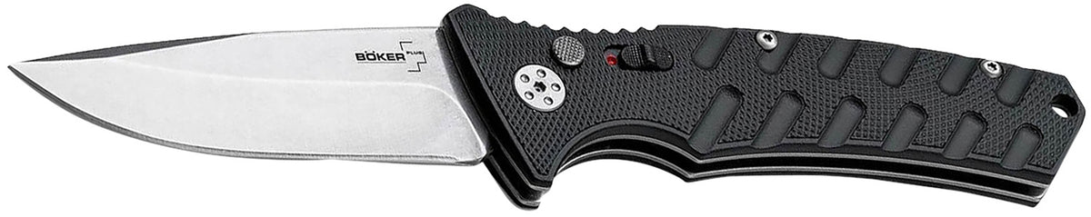 Boker Plus Strike Auto EDC Folder 3.35" Drop Point Black D2 Steel Aluminum Handle