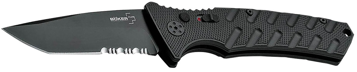 Boker Plus Strike Auto Tanto EDC Folder 3.35" Partially Serrated Black D2 Blade