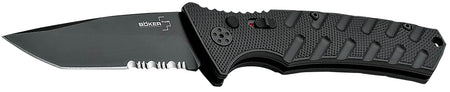 Boker Plus Strike Auto Tanto EDC Folder 3.35" Partially Serrated Black D2 Blade
