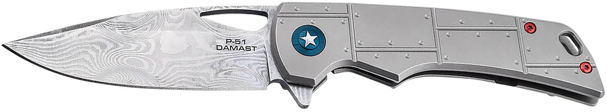 Boker Plus P-51 Damast Designer Folder 3.35" Damascus Drop Point Blade Titanium Handle