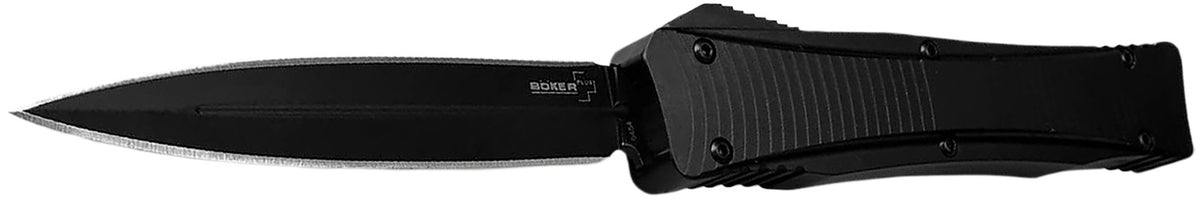 Boker 06EX244 OTF Dagger 3.39" Plain Double Edge Black D2 Steel Blade Black Aluminum Handle Auto Knife