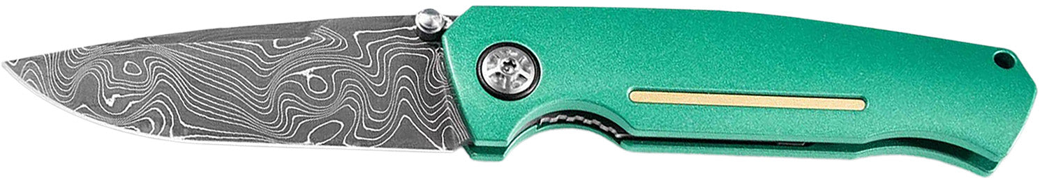 Boker Plus 111102DAM 3.22" Plain Damascus Drop Point Blade Green Aluminum Handle Pocket Knife