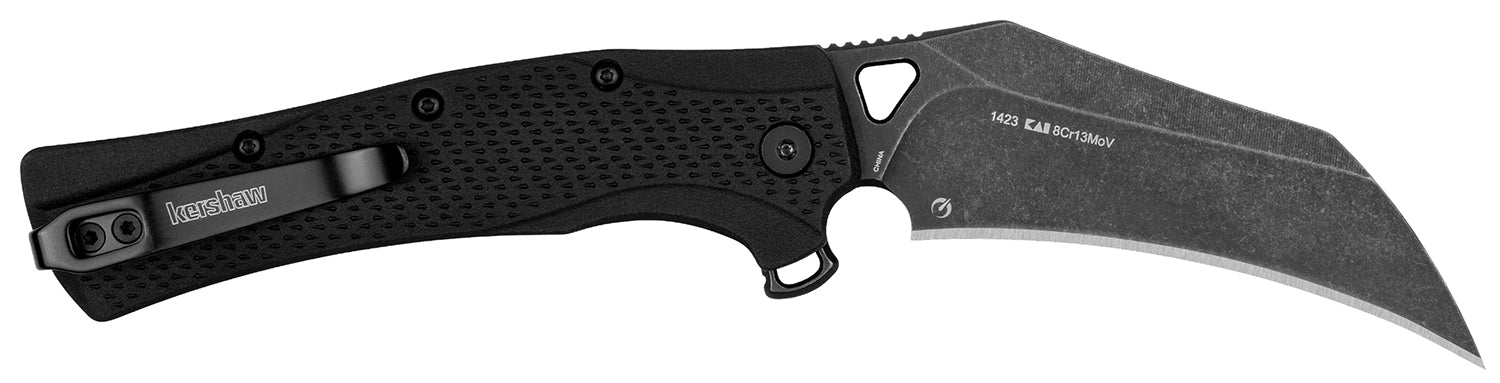 Kershaw Dawnstar Tactical Folding Knife 1423, 3.50" Hawkbill Blackwash Blade with Black Textured Nylon Handle