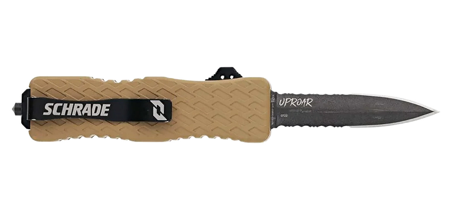 Schrade 1159305 Uproar Automatic 3" Out-the-Front Dagger Serrated D2 Steel Blade Flat Dark Earth Aluminum Handle