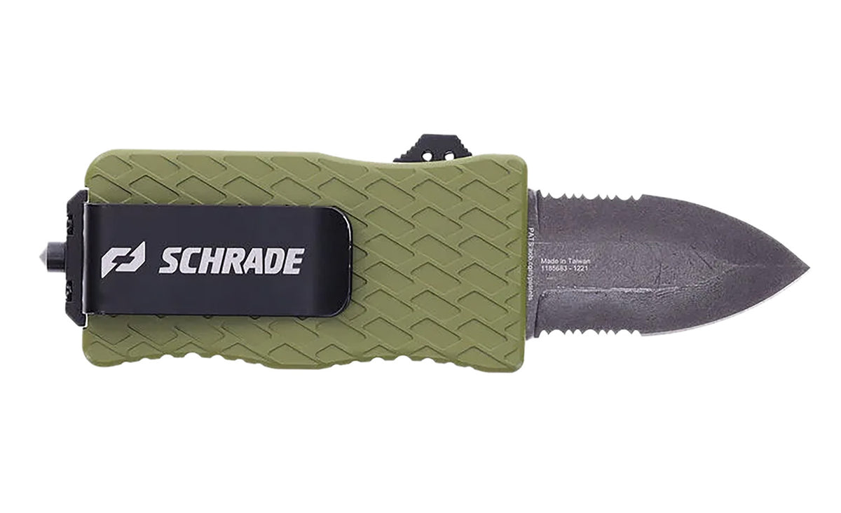 Schrade 1159306 Uproar Mini Tactical 1.90" OTF Dagger Satin Serrated D2 Steel Blade OD Green Aluminum Handle