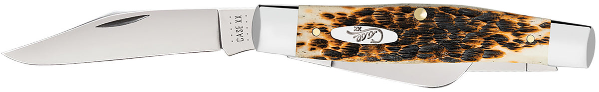 Case Stockman Large Folding Knife 00204, Plain Polished Carbon Steel Blades, Peach Seed Amber Bone Handle