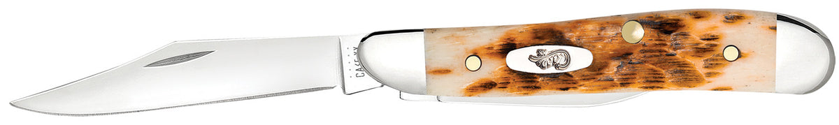 Case Peanut Folding Knife 00045, Plain Mirror Polished Clip Point/Pen Blades, Amber Bone Peach Seed Jigged Handle