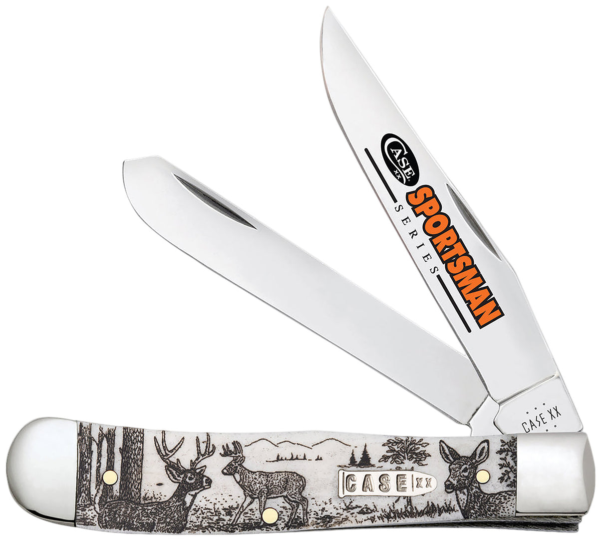 Case Trapper Sportsman Folding Knife 81220, Plain Polished Clip/Spey Blades, Deer Embellished Bone Handle