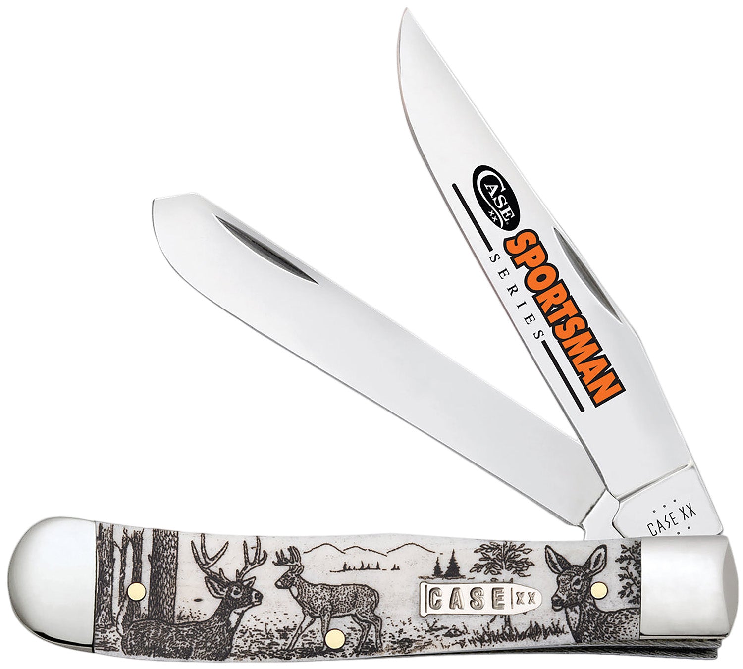 Case Trapper Sportsman Folding Knife 81220, Plain Polished Clip/Spey Blades, Deer Embellished Bone Handle
