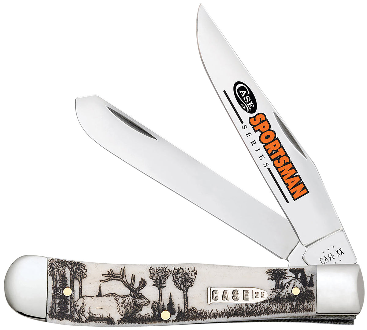 Case Trapper Sportsman Folding Knife 81222, Plain Polished Clip/Spey Blades, Elk Embellished Bone Handle