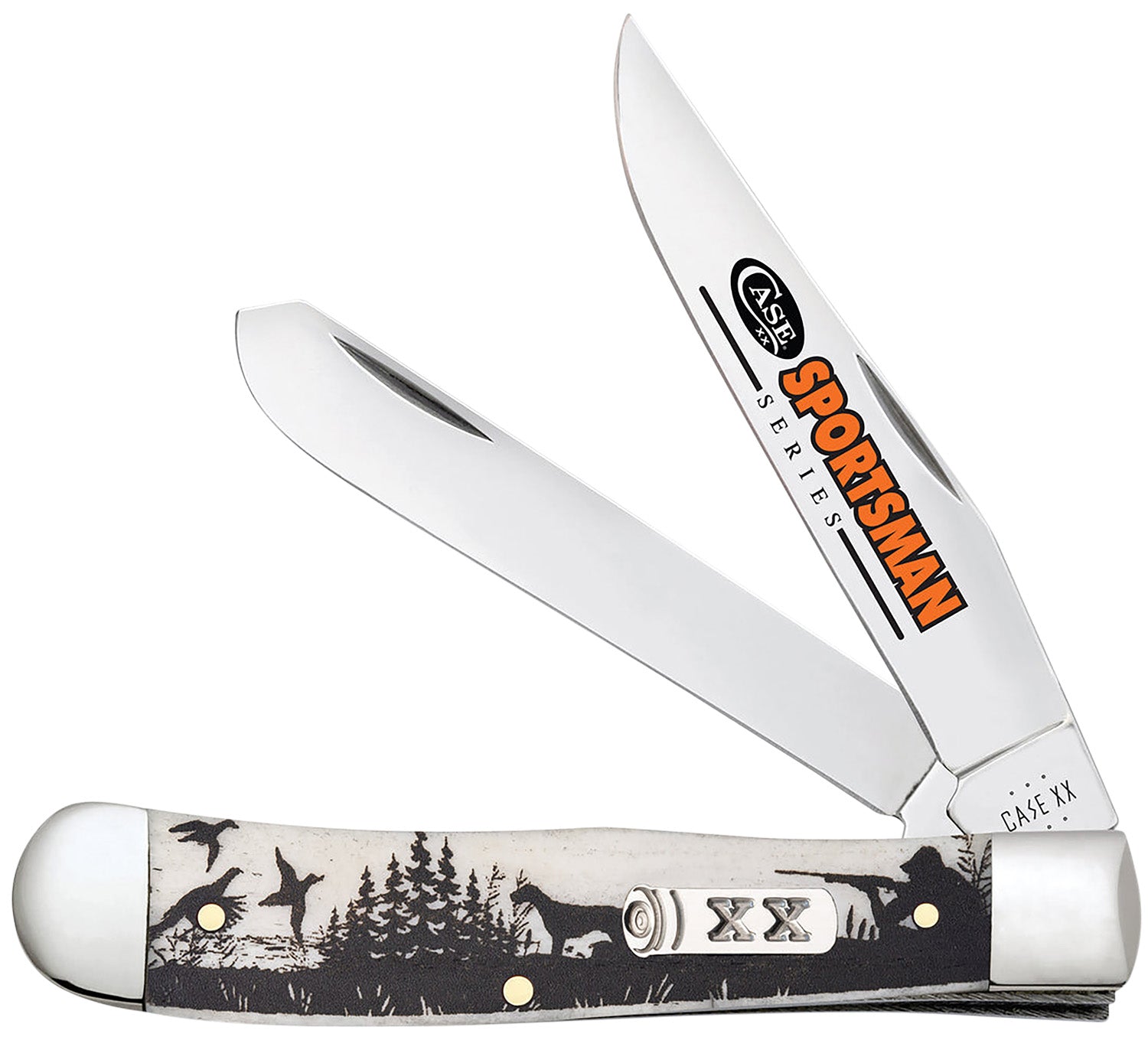 Case Trapper Sportsman Folding Knife 81224, Plain Polished Clip/Spey Blades, Bird Dog Embellished Natural Bone Handle