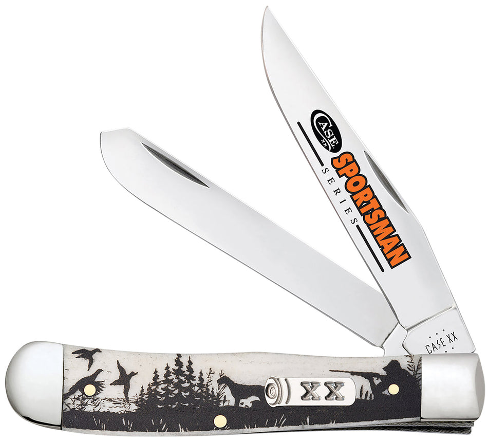Case Trapper Sportsman Folding Knife 81224, Plain Polished Clip/Spey Blades, Bird Dog Embellished Natural Bone Handle