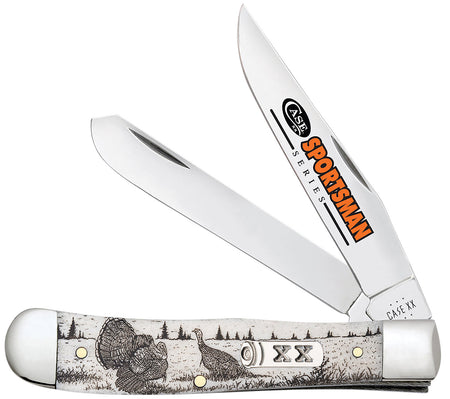 Case Trapper Sportsman Folding Knife 81221, Plain Polished Clip/Spey Blades, Turkey Embellished Natural Bone Handle