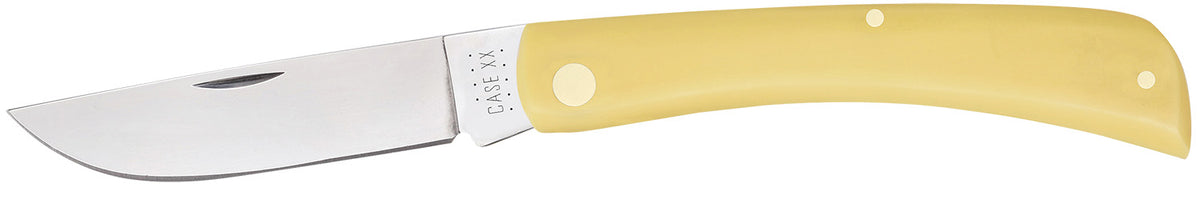 Case 00038 Folding Sod Buster Knife, Carbon Steel Skinner Blade, Smooth Yellow Synthetic Handle