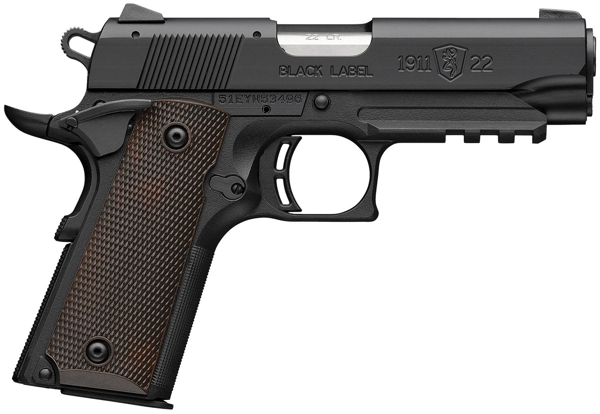 Browning 051066490 1911 Black Label Compact Frame 22 LR 10+1 3.63" Stainless Steel Barrel, Matte Black Serrated Slide, Matte Black Aluminum Frame w/Picatinny Rail, Brown Composite Grip
