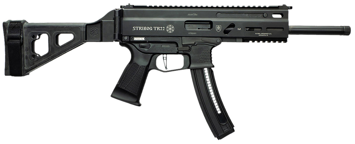 Grand Power 197892004817 TR22 Stribog 22 LR 25+1 10" Black Threaded Barrel, Black Hardcoat Anodize Receiver w/Picatinny Rail, Black SB Tactical Brace, Black Polymer Grip, Ambidextrous