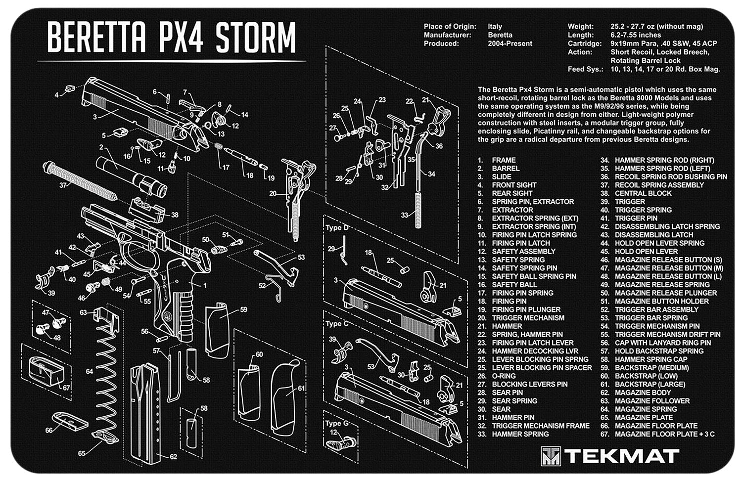 TekMat Px4 Storm Gun Cleaning Mat with Diagram Black/White Rubber 11"x17"