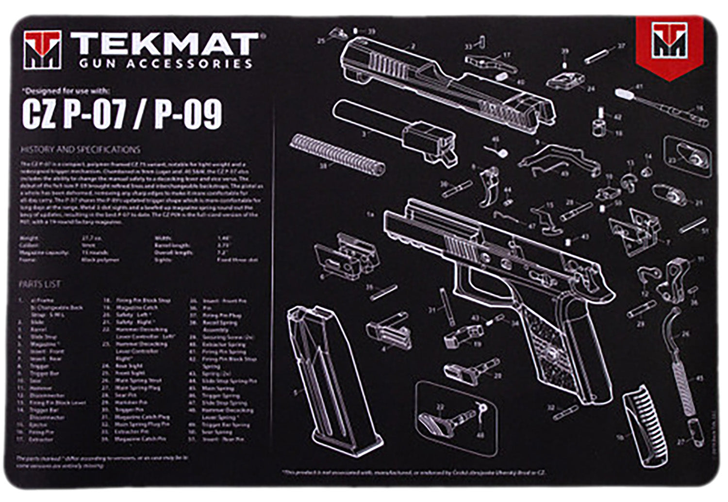 TekMat CZ P07/P09 Gun Cleaning Mat with Diagram Black/White 11"x17"