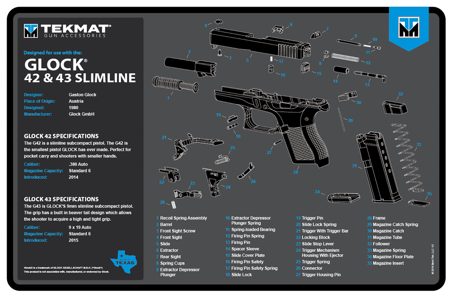 TekMat Glock 42 43 Gun Cleaning Mat with Parts Diagram Blue/White 11"x17"