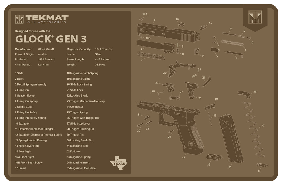 TekMat Glock Generation 3 Gun Cleaning Mat FDE Rubber 11"x17"