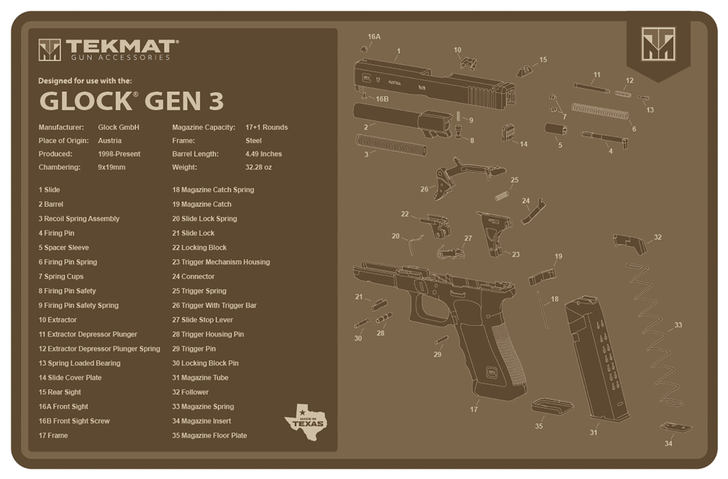 TekMat Glock Generation 3 Gun Cleaning Mat FDE Rubber 11"x17"