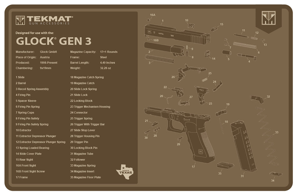 TekMat Glock Generation 3 Gun Cleaning Mat FDE Rubber 11"x17"