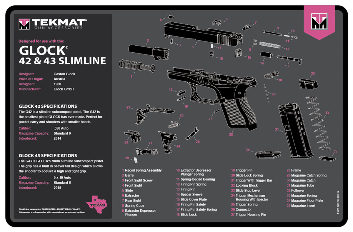 TekMat Glock Generation 3 Pink Gun Cleaning Mat with Diagram Rubber 11"x17"