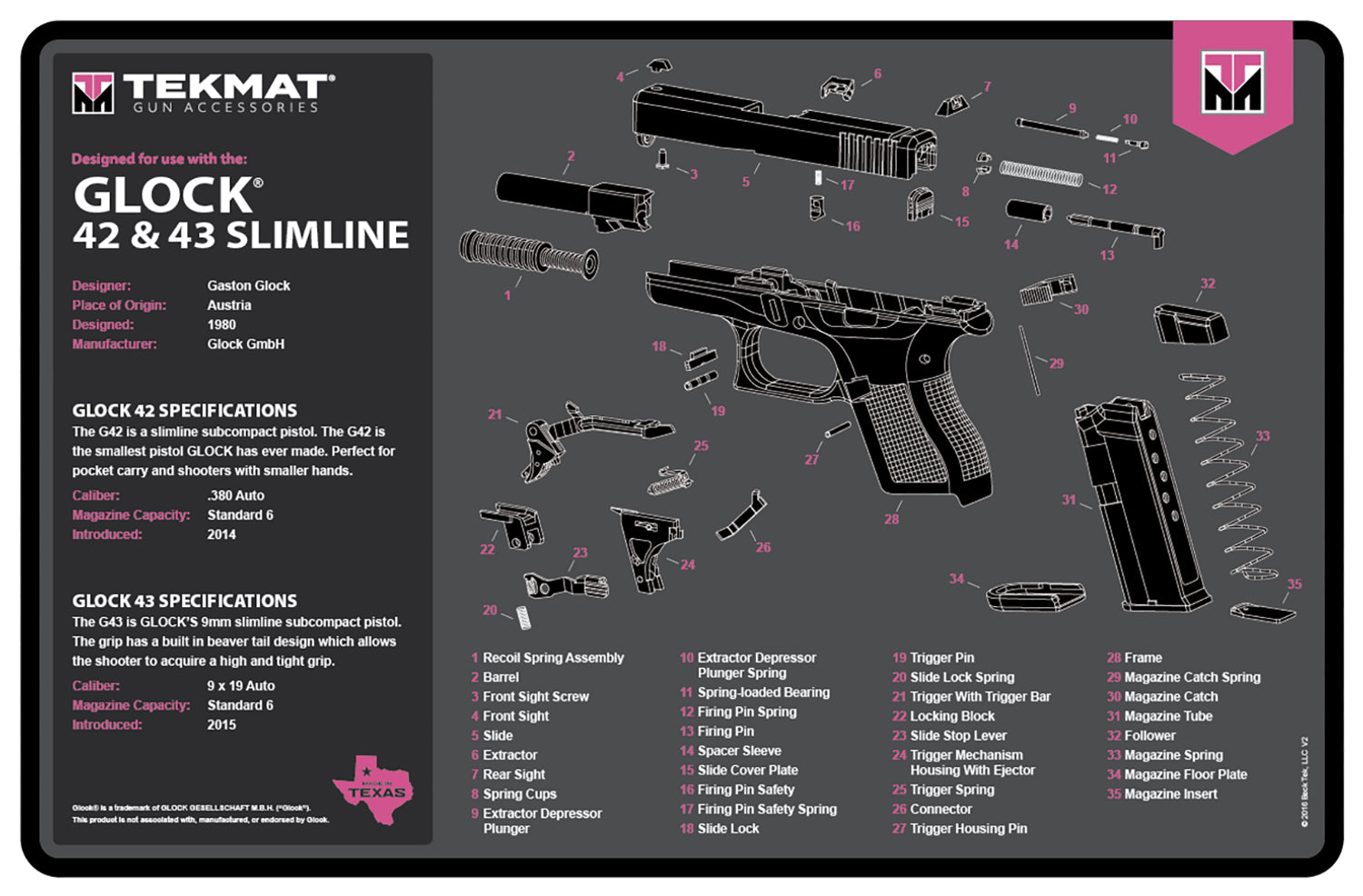 TekMat Glock Generation 3 Pink Gun Cleaning Mat with Diagram Rubber 11"x17"