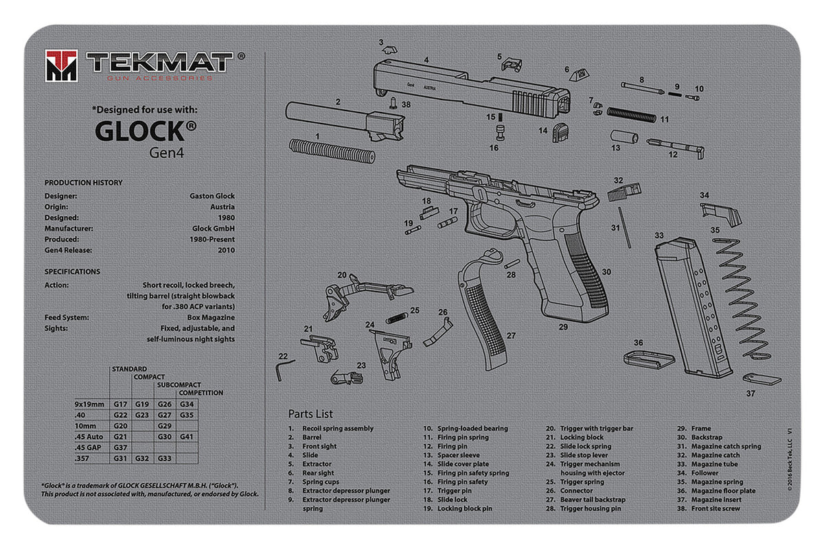 TekMat Glock Generation 4 Gray Gun Cleaning Mat with Diagram Rubber 11"x17"