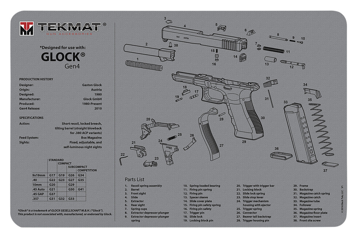 TekMat Glock Generation 4 Gray Gun Cleaning Mat with Diagram Rubber 11"x17"