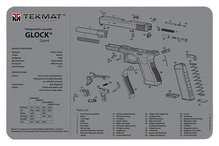 TekMat Glock Generation 4 Gray Gun Cleaning Mat with Diagram Rubber 11"x17"