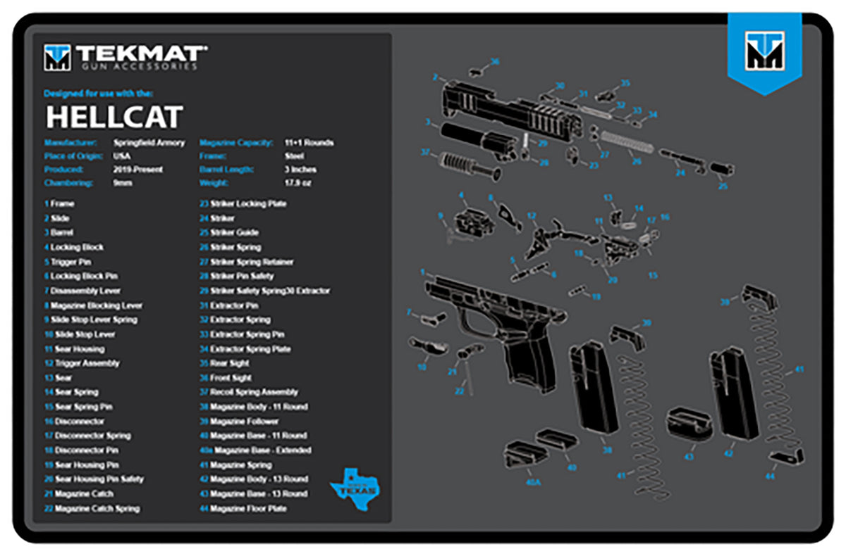 TekMat Hellcat Gun Cleaning Mat with Parts Diagram Blue/White Rubber 11"x17"