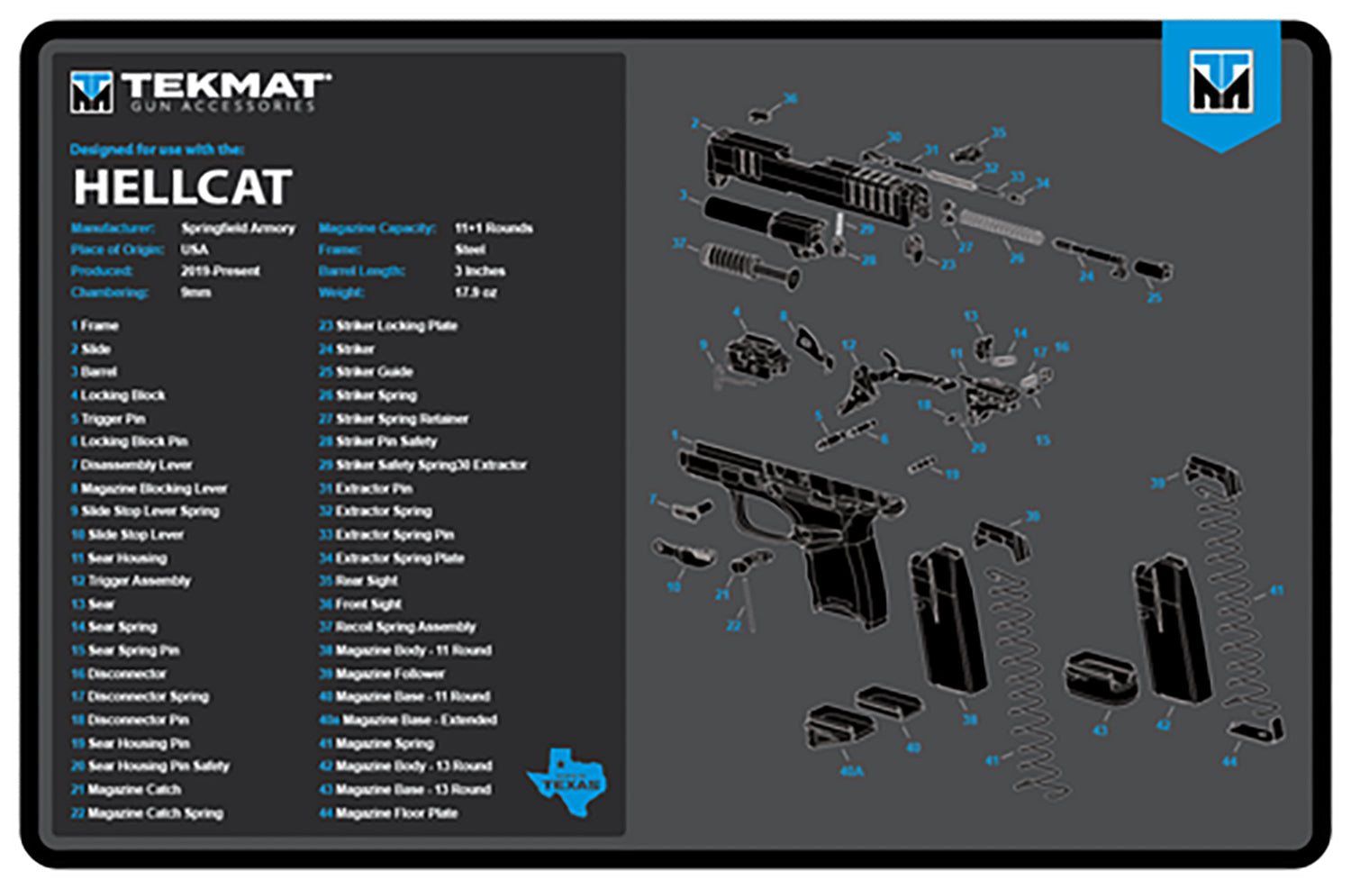 TekMat Hellcat Gun Cleaning Mat with Parts Diagram Blue/White Rubber 11"x17"