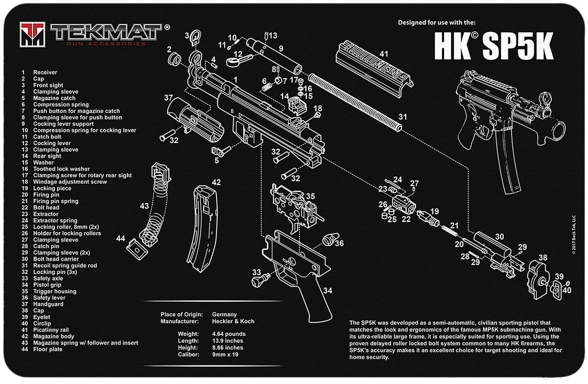 TekMat H&K SP5K Gun Cleaning Mat with Parts Diagram Rubber 11"x17"