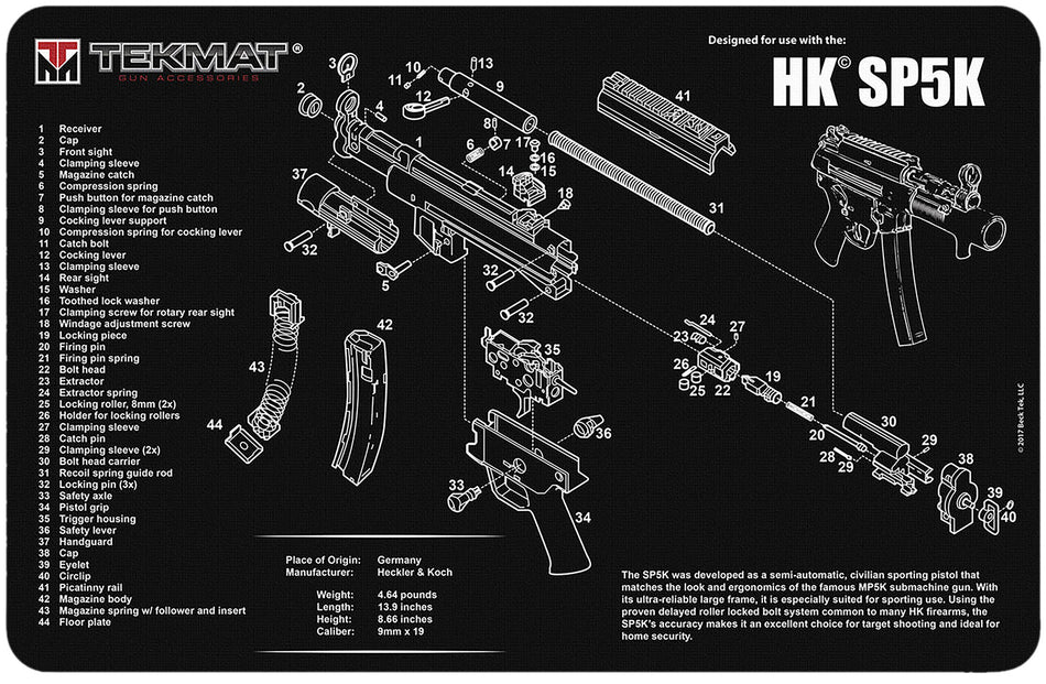 TekMat H&K SP5K Gun Cleaning Mat with Parts Diagram Rubber 11"x17"